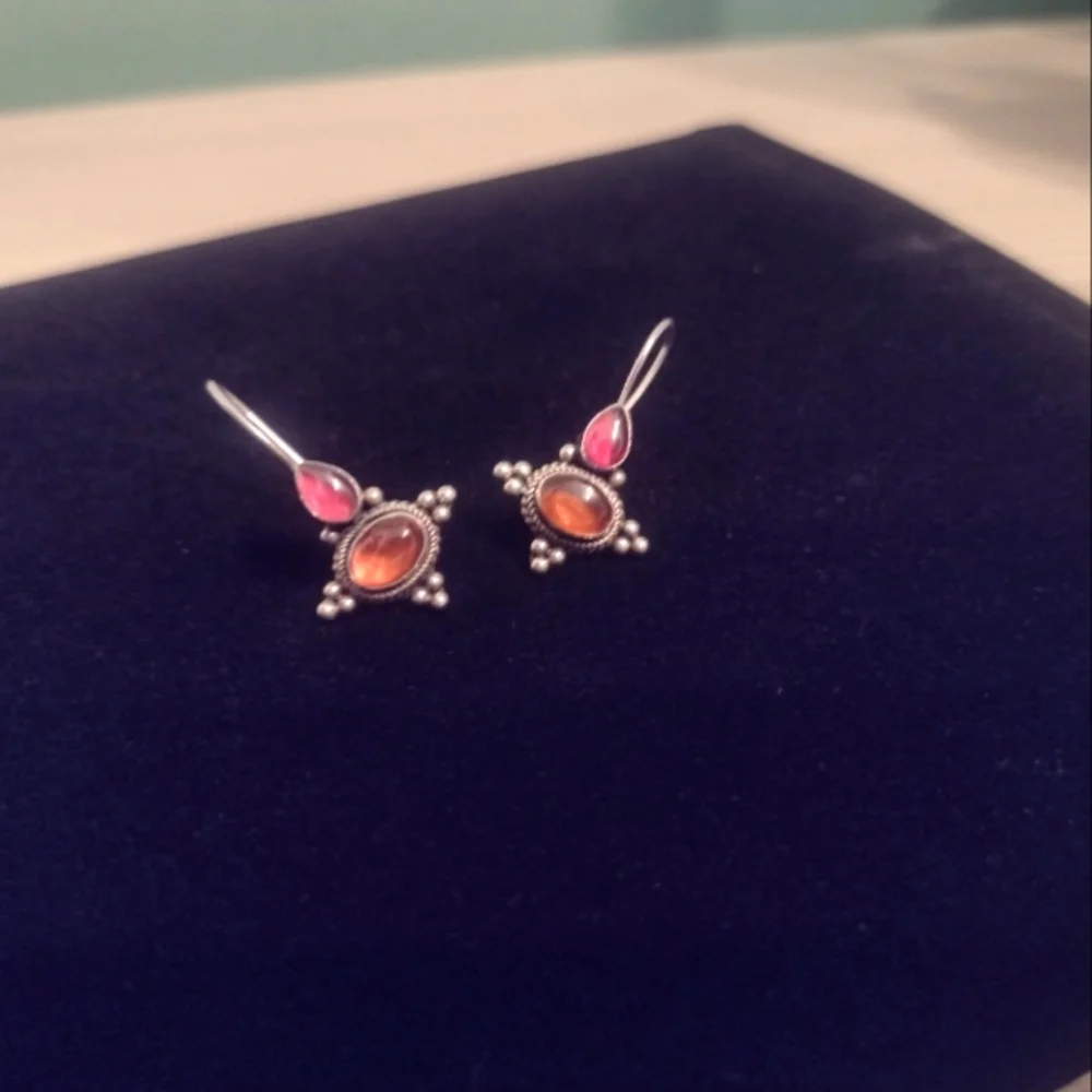 SS 925 Garnet And Amber Earrings - Picture 8 of 8